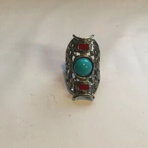 Boho Silver Tone Ring with Faux Turquoise and Red Accents